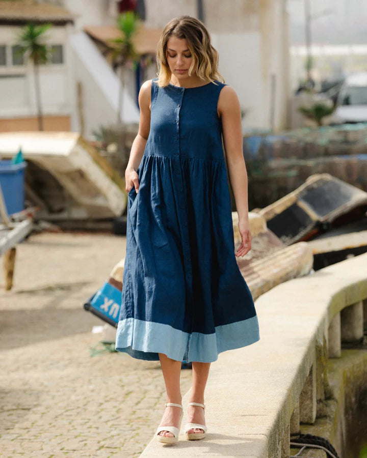 Colorblock Linen Dress OSLO in Deep Navy Blue