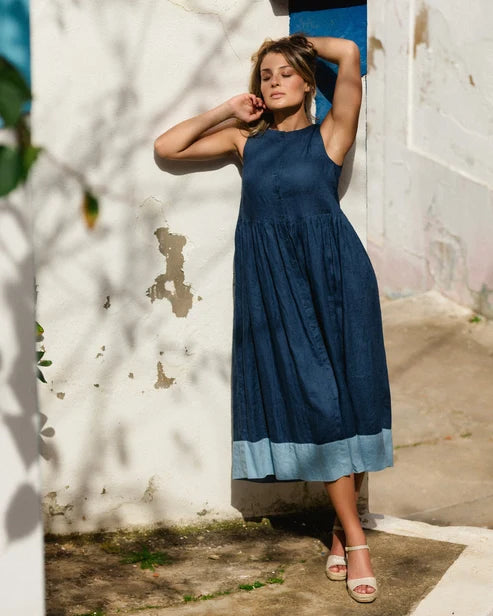 Colorblock Linen Dress OSLO in Deep Navy Blue