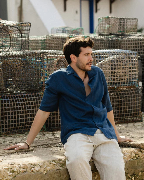 Men's Short Sleeve Linen Shirt KEY WEST in Deep navy blue
