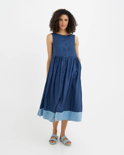 Colorblock Linen Dress OSLO in Deep Navy Blue
