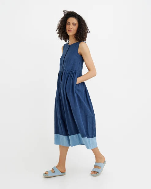 Colorblock Linen Dress OSLO in Deep Navy Blue