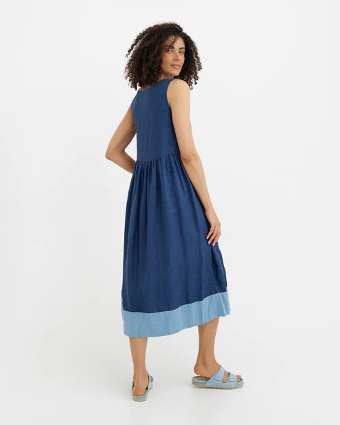 Colorblock Linen Dress OSLO in Deep Navy Blue