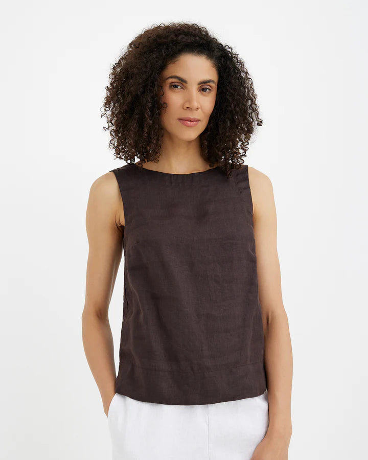 Sleeveless Linen Top GENEVA in Espresso brown