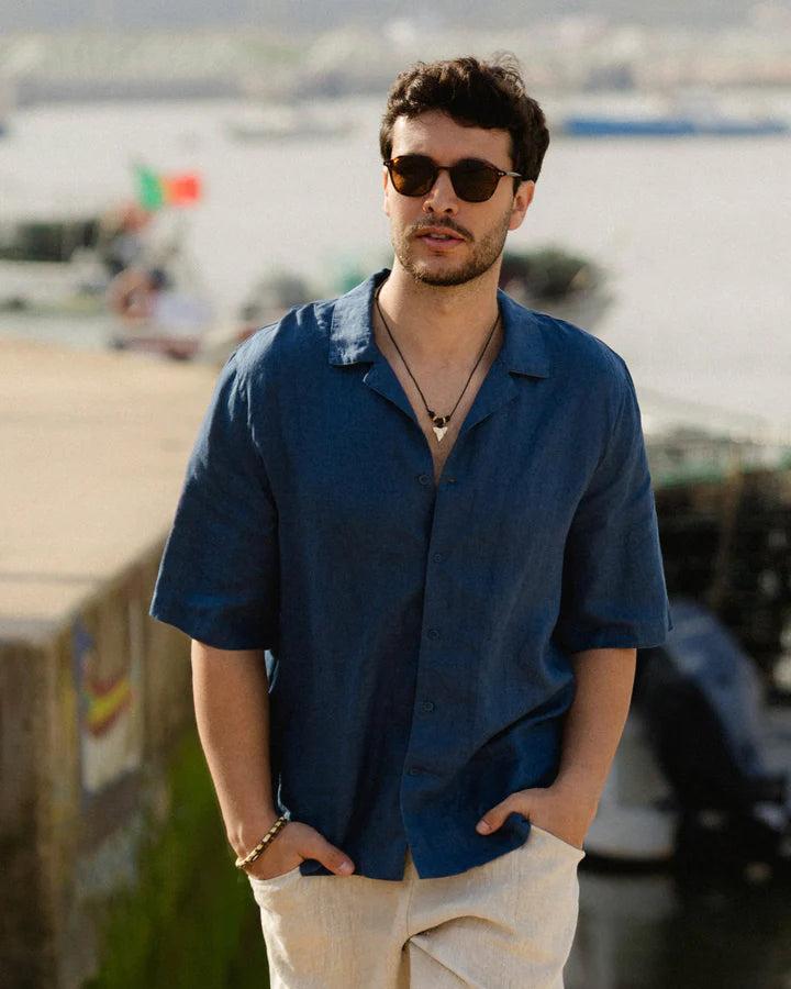 Men's Short Sleeve Linen Shirt KEY WEST in Deep navy blue