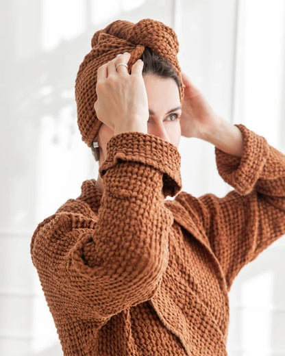 Linen hair towel turban in Cinnamon