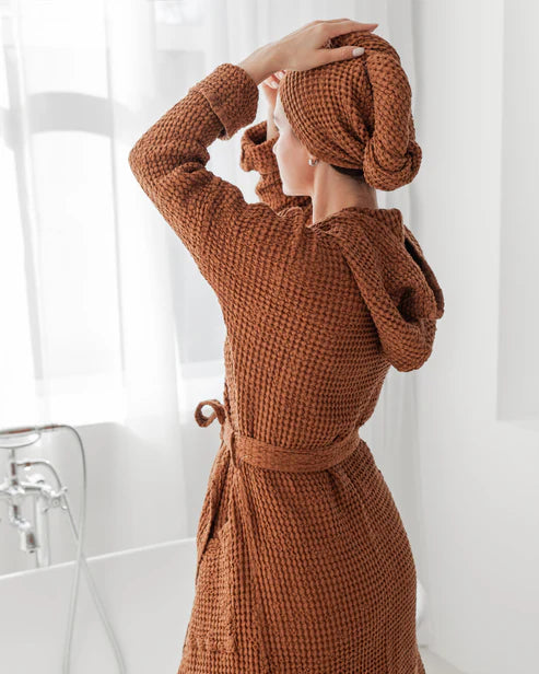 Linen hair towel turban in Cinnamon