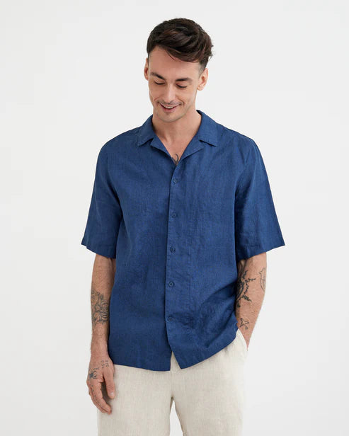 Men's Short Sleeve Linen Shirt KEY WEST in Deep navy blue