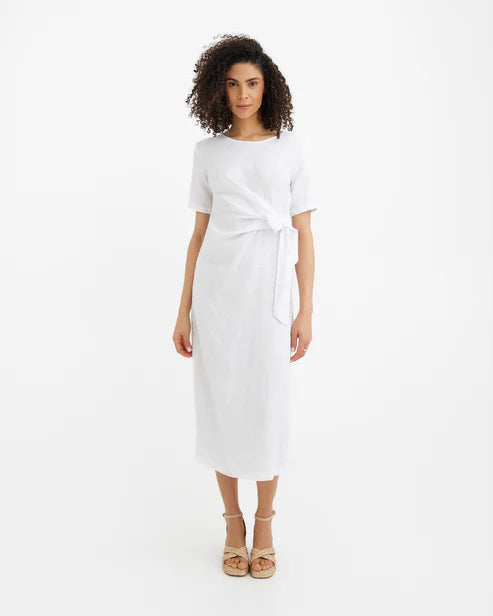 Tie-waist Linen dress MIAMI in White