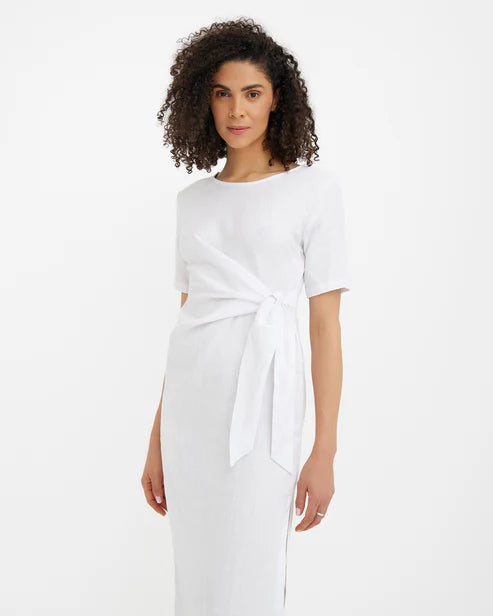 Tie-waist Linen dress MIAMI in White