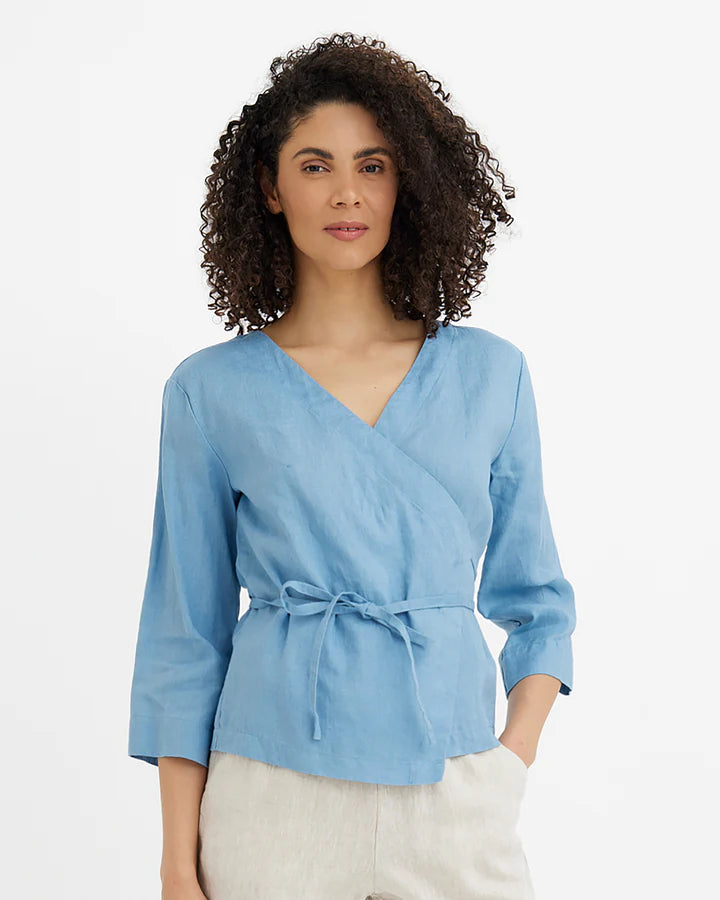 Wrap Linen Top HURON in Soft blue