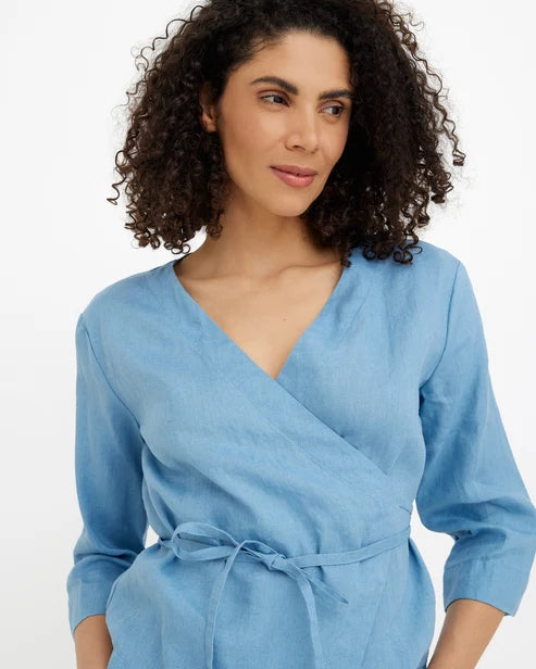 Wrap Linen Top HURON in Soft blue